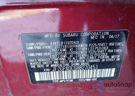 2017 Subaru Crosstrek 2.0I Premium из США, поврежденный, VIN JF2GPADC6H8270451